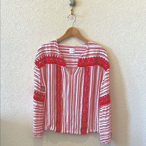 J Marie Red White Rayon Embroidered Bell Sleeve Blouse Elegant Flowy Top Medium